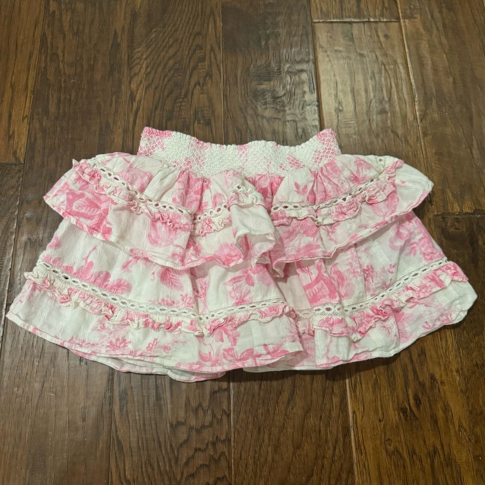 Love shack fancy pink ruffle floral skirt